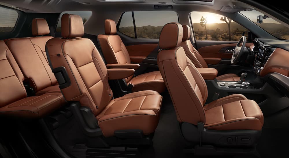 Three-row seating in a 2020 Chevy Traverse, one of many used cars for sale near Martinsville.