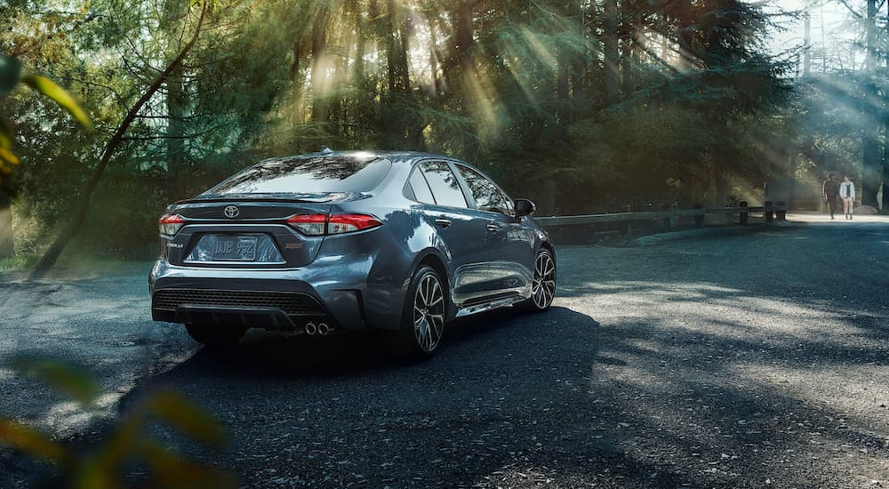 A grey 2020 Toyota Corolla XSE parked in dappled sun under trees.